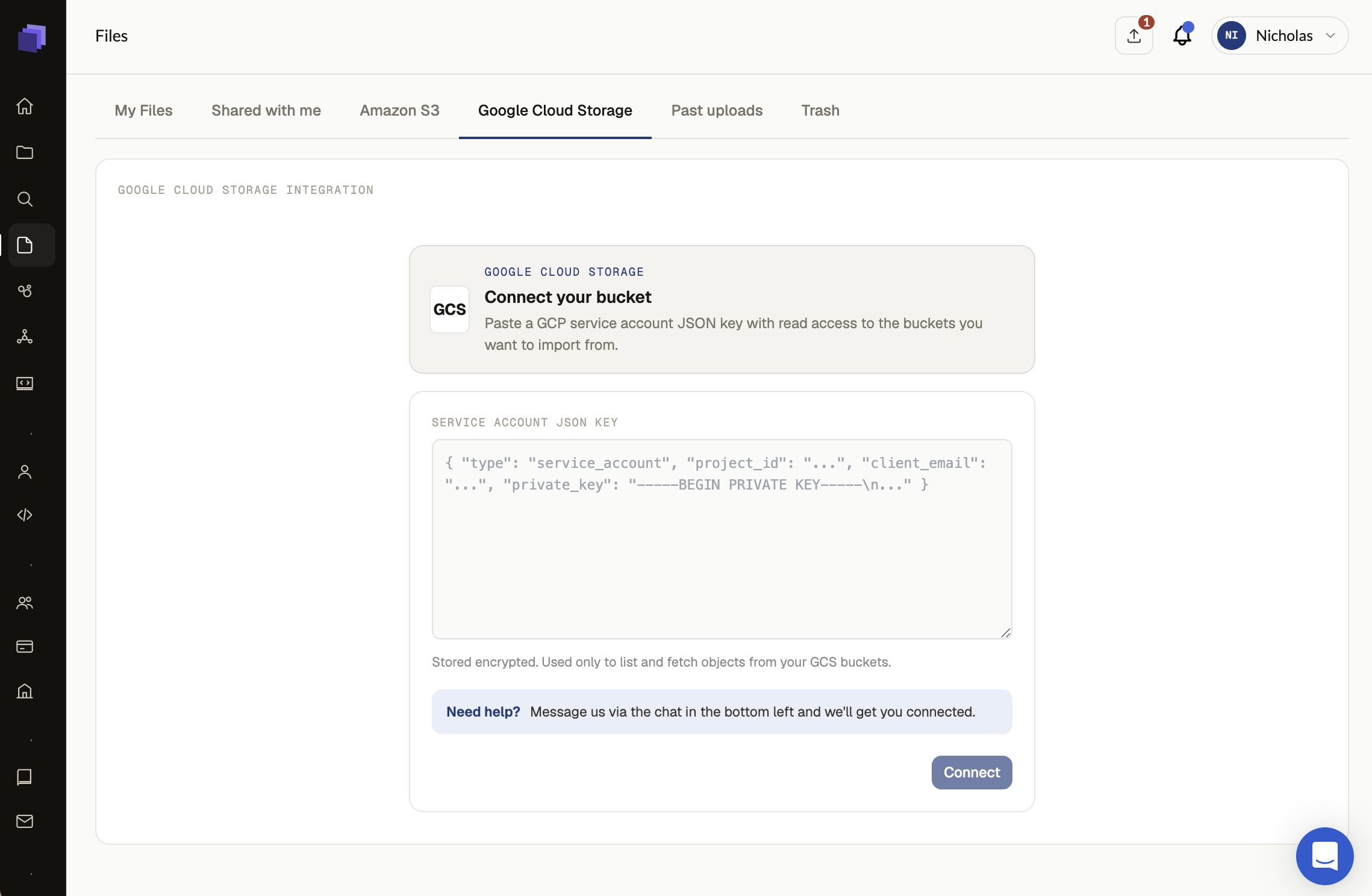 Biodock Files view connecting a Google Cloud Storage bucket with a service account key