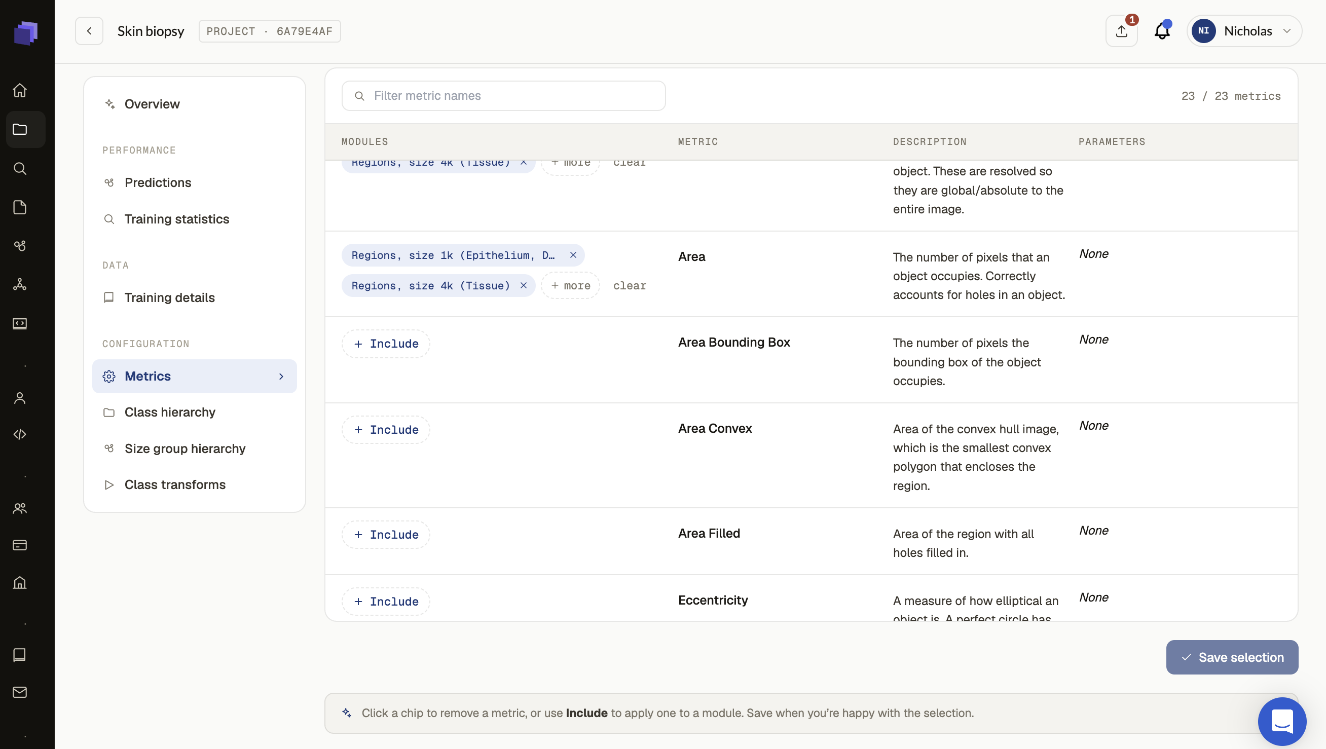 Biodock metrics configuration listing object measurements available per module