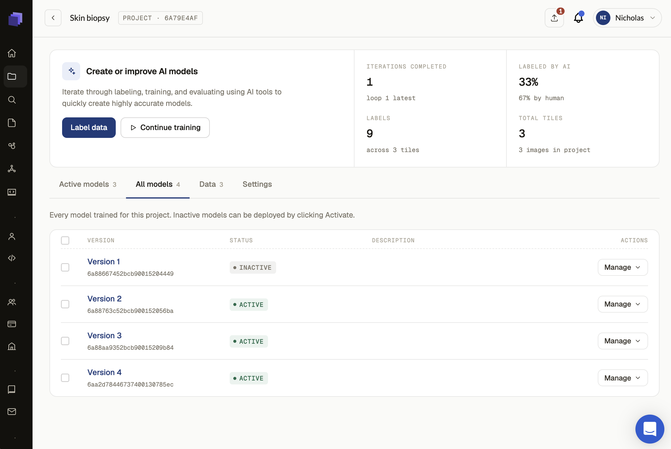 Biodock project view listing every trained model version with active and inactive status