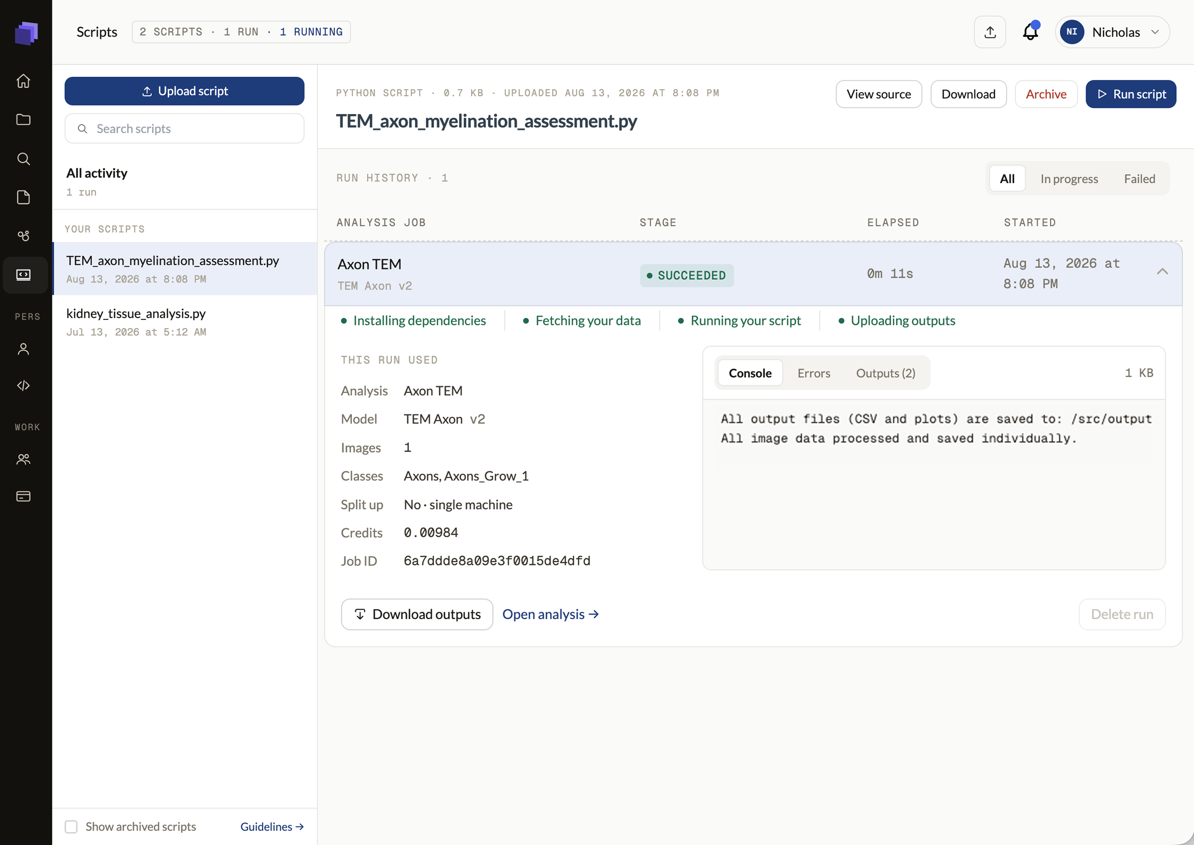 Biodock Scripts view showing a Python script run with its stages, inputs, and console output