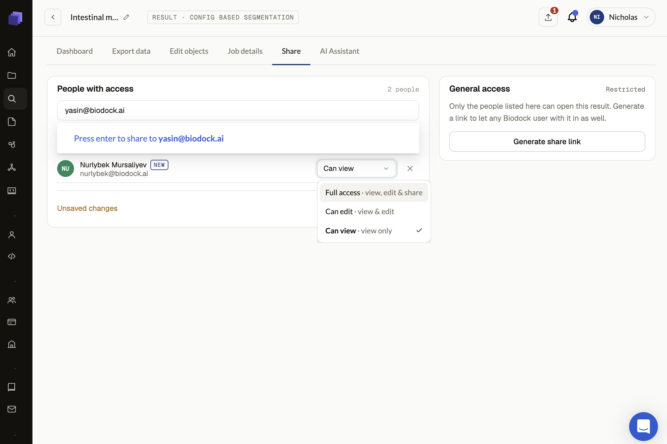 Biodock share panel showing people with access and general access link settings